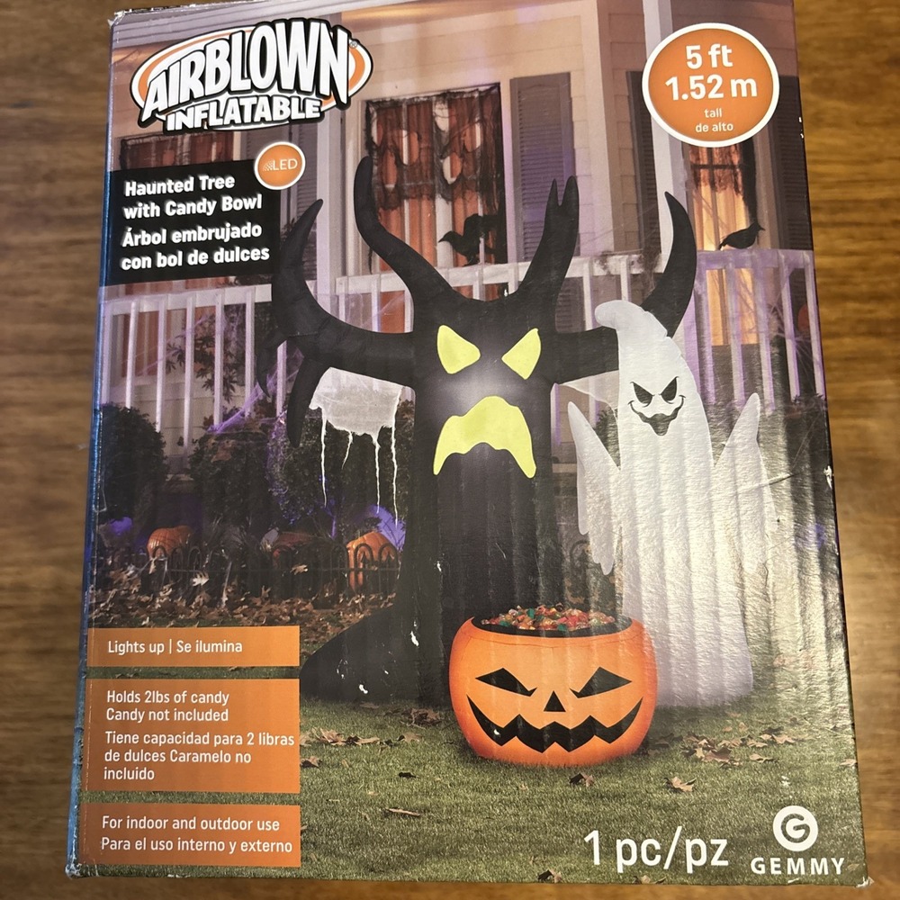 Gemmy 5 ft Halloween Airblown Haunted Tree Ghost Candy Bowl LED Inflatable EUC